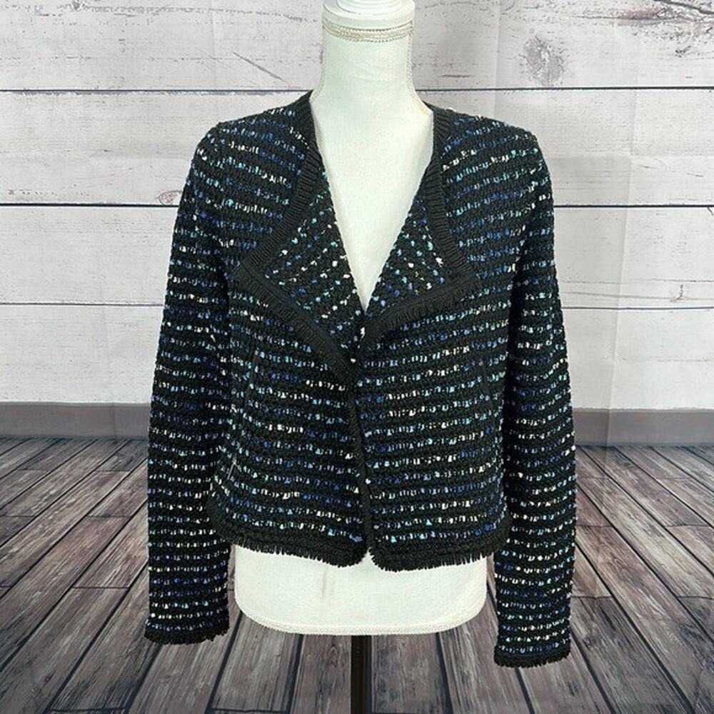 White House Black Cardigan Sweater Womens‎ Small Black Blue Fringe Tweed Texture